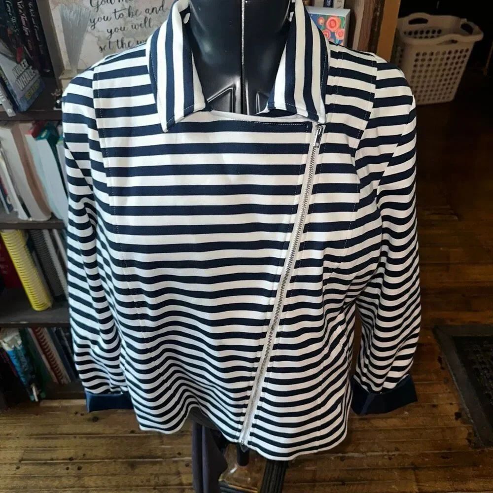 Lane Bryant nautical blue striped18 knit moto jacket